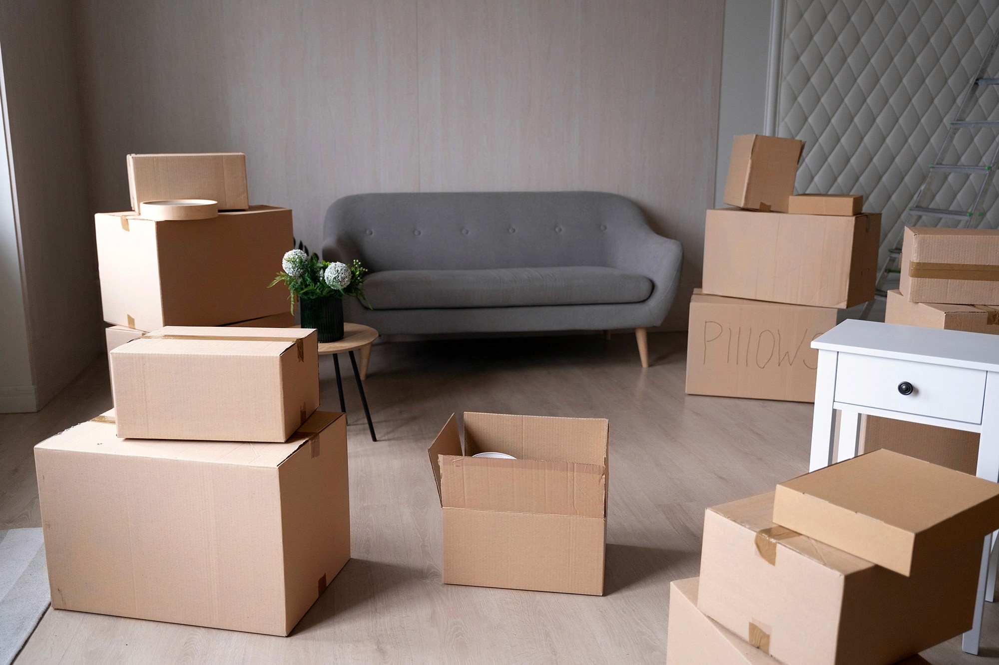 Living room with moving boxes and grey sofa