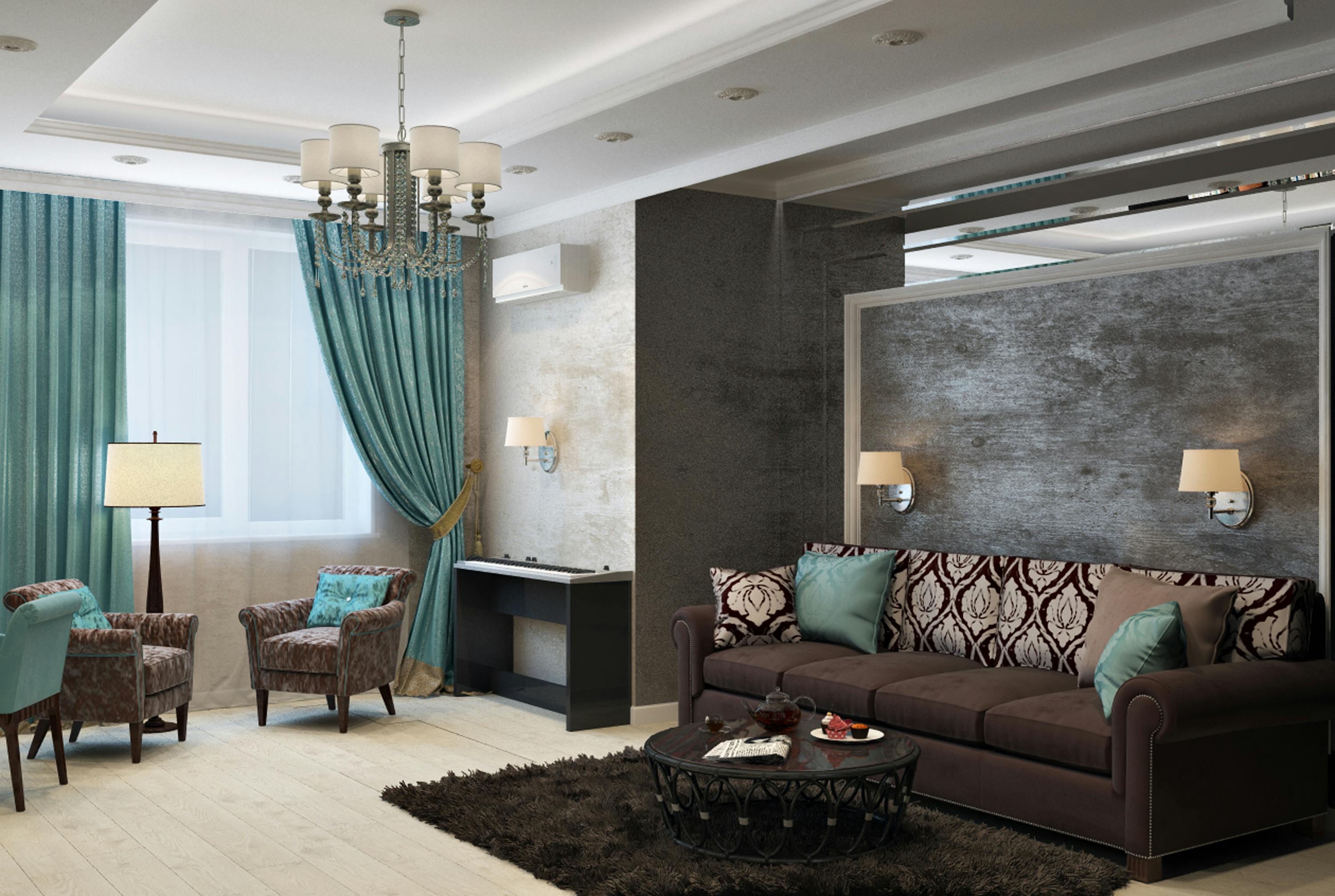 Elegant living room with blue curtains and chandelier